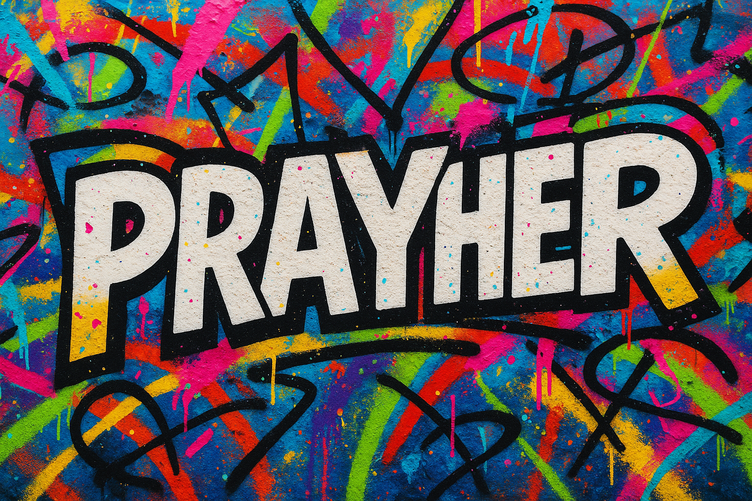 banner for PRAYHER with graffiti background